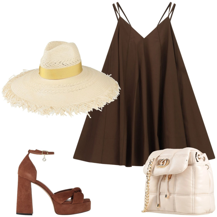 Outfit donna - Total look #2425261. Stile Glamour per Tutti i giorni. Abbinamento con cappelli, valigie, sandali in pelle, vestiti corti.