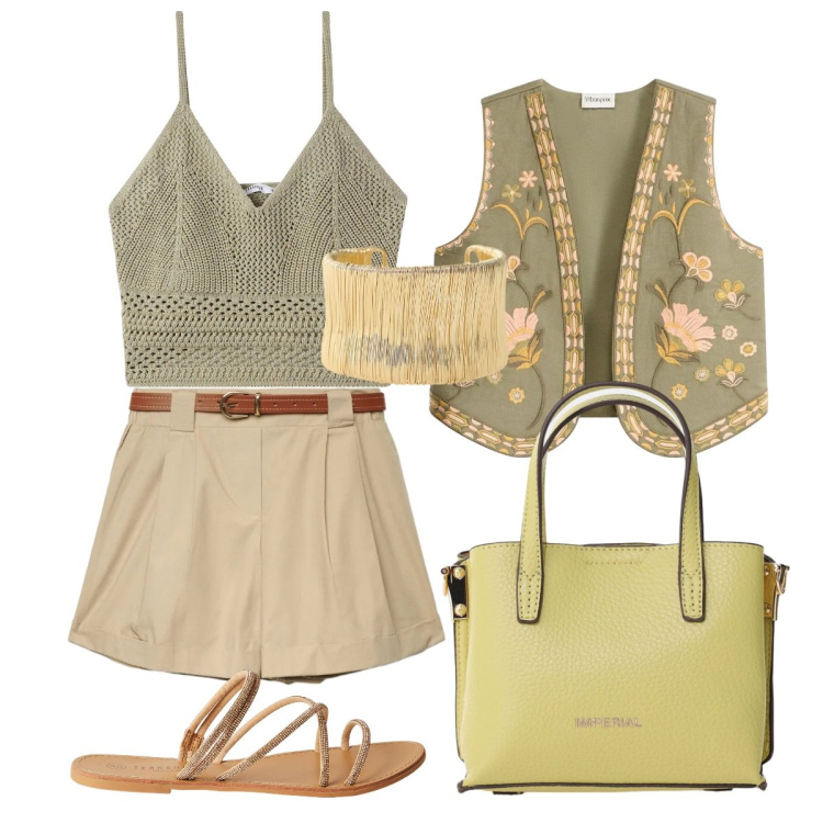 Outfit donna - Il gilè boho. Stile Boho per Serata fuori. Abbinamento con gilet, shorts, top, sandali, braccialetti, borse a tracolla.