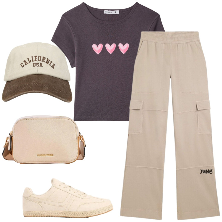 Outfit donna - Total look #2425266. Stile Sporty chic per Tutti i giorni. Abbinamento con sneakers, borse a tracolla, cappelli con visiera, t-shirt, pantaloni cargo.