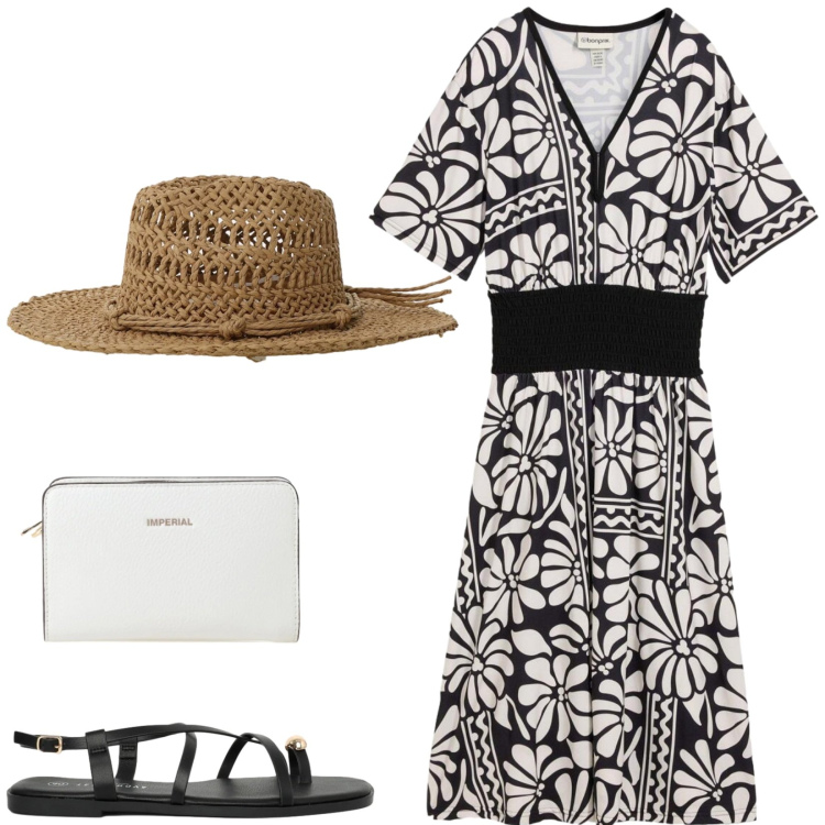 Outfit donna - Total look #2425268. Stile Casual chic per Tutti i giorni. Abbinamento con vestiti midi/longuette, sandali, borse a tracolla, cappelli.