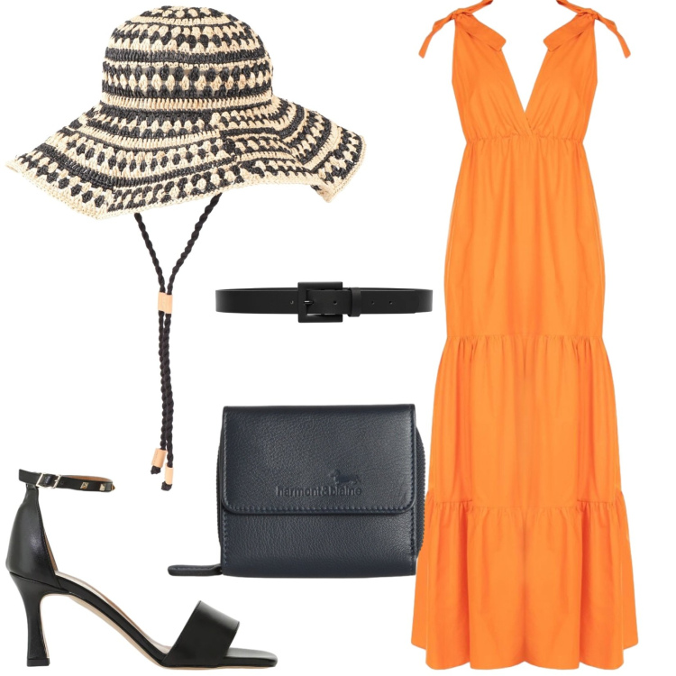 Outfit donna - Total look #2425269. Stile Glamour per Cerimonia. Abbinamento con cappelli, portafogli, cinture, vestiti lunghi, sandali col tacco.