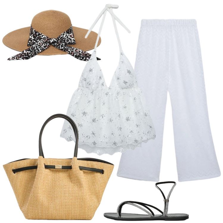 Outfit donna - Il top in pizzo boho. Stile Boho per Tutti i giorni. Abbinamento con shopping bag, top, pantaloni, cappelli, sandali.