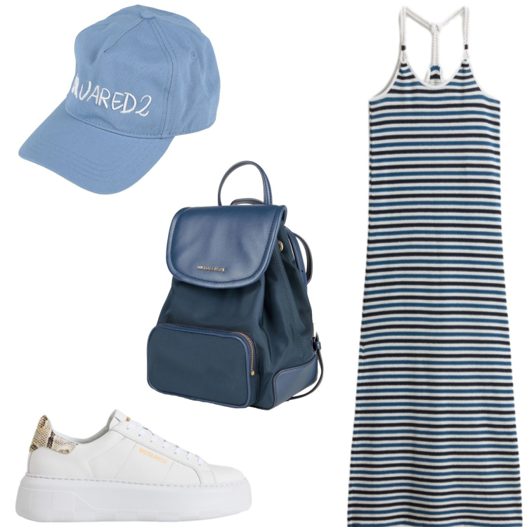 Outfit donna - Total look #2425273. Stile Casual per Tutti i giorni. Abbinamento con zaini, cappelli con visiera, vestiti lunghi, sneakers.