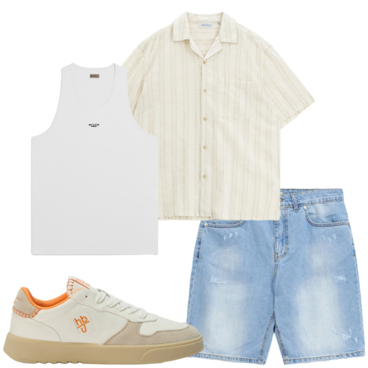 Outfit uomo - Total look #2425274. Stile Casual per Mare. Abbinamento con sneakers, canottiere, camicie a manica corta, bermuda.