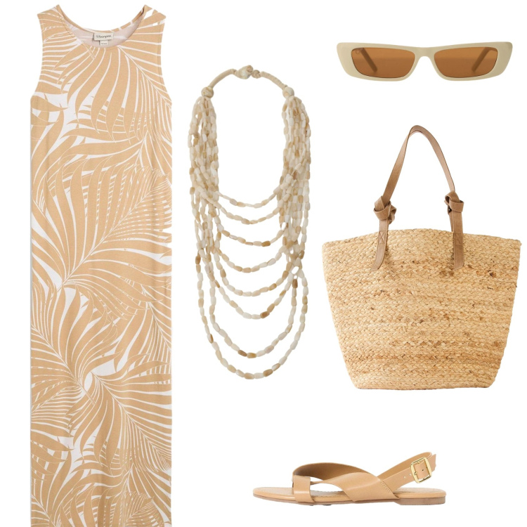 Outfit donna - Total look #2425277. Stile Boho per Tutti i giorni. Abbinamento con vestiti, sandali, shopping bag, collane, occhiali da sole.