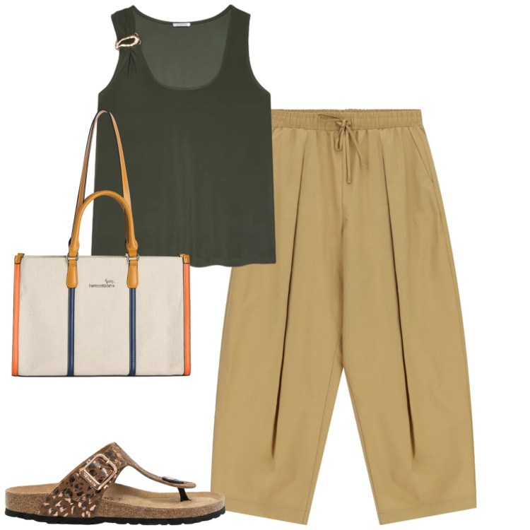 Outfit donna - City. Stile Casual chic per Tutti i giorni. Abbinamento con infradito, borse tote, canottiere, pantaloni a palazzo.