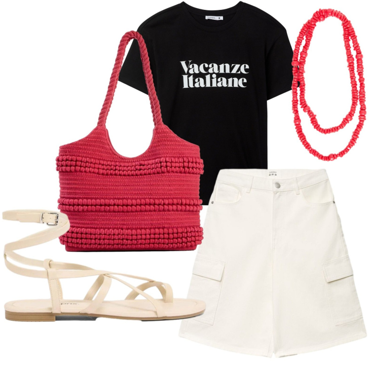 Outfit donna - Abbinamento minimal. Stile Glamour per Tutti i giorni. Abbinamento con shopping bag, sandali, pantaloni corti, t-shirt, collane.