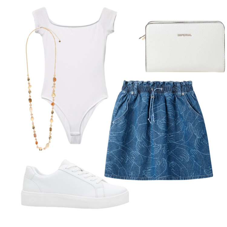 Outfit donna - Total look #2425287. Stile Basic per Tutti i giorni. Abbinamento con sneakers, minigonne, t-shirt, collane, borse a tracolla.