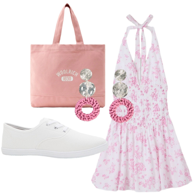 Outfit donna - Tessuti leggeri. Stile Casual per Tutti i giorni. Abbinamento con sneakers, orecchini, vestiti, borse tote.