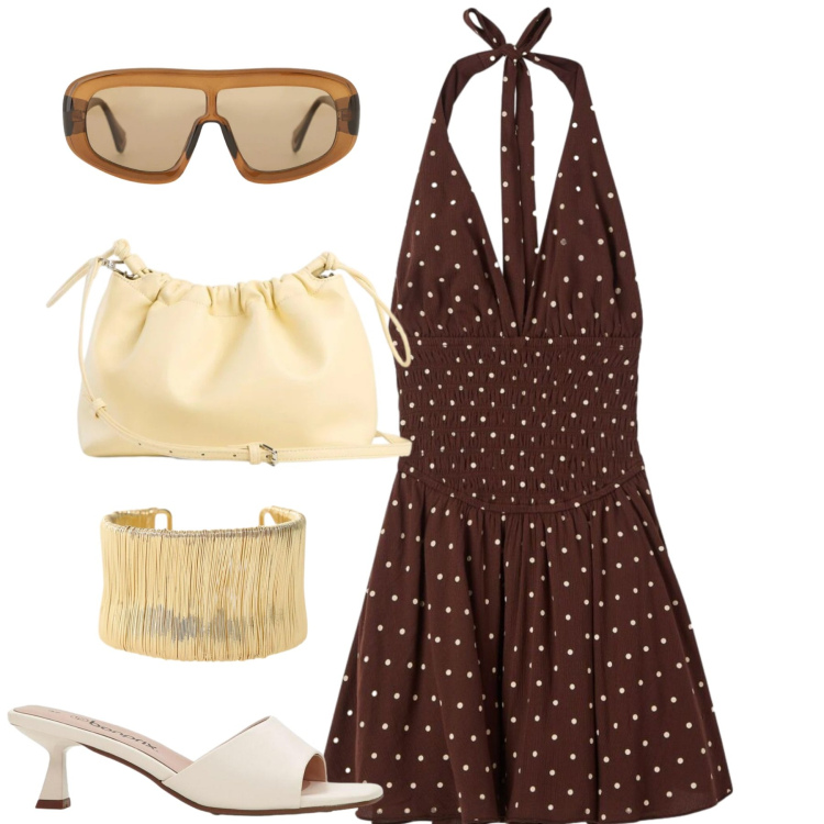 Outfit donna - City. Stile Trendy per Tutti i giorni. Abbinamento con sandali, borse a tracolla, vestiti corti, occhiali da sole, braccialetti.
