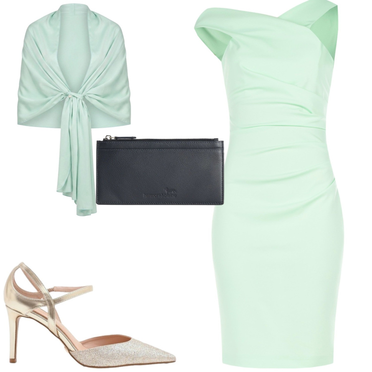 Outfit donna - Cerimonia. Stile Chic per Cerimonia. Abbinamento con portafogli, vestiti asimmetrici, décolleté, stole.