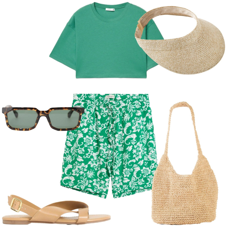 Outfit donna - Mare. Stile Basic per Mare. Abbinamento con cappelli con visiera, shopping bag, sandali, shorts, t-shirt, occhiali da sole.
