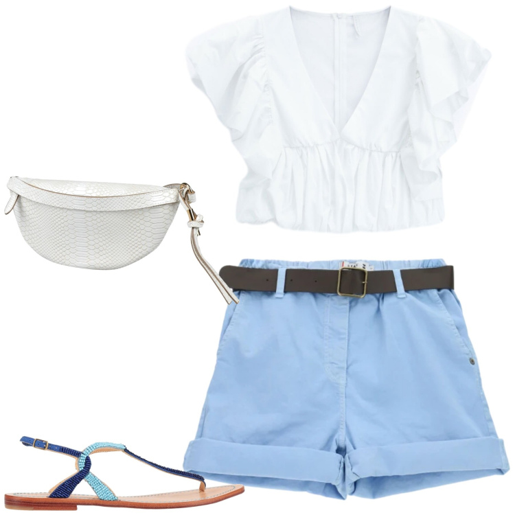 Outfit donna - Summer. Stile Casual chic per Mare. Abbinamento con infradito, marsupi, shorts, top.
