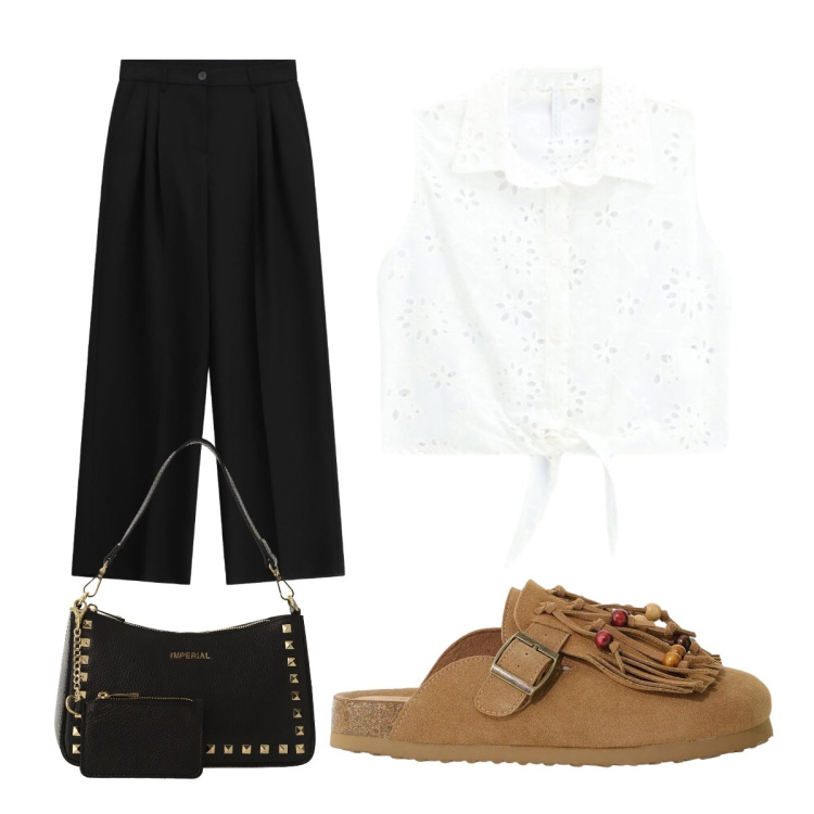 Outfit donna - Estate che valorizza. Stile Urban per Ufficio. Abbinamento con camicie, pantaloni a palazzo, sabot, borse a spalla.