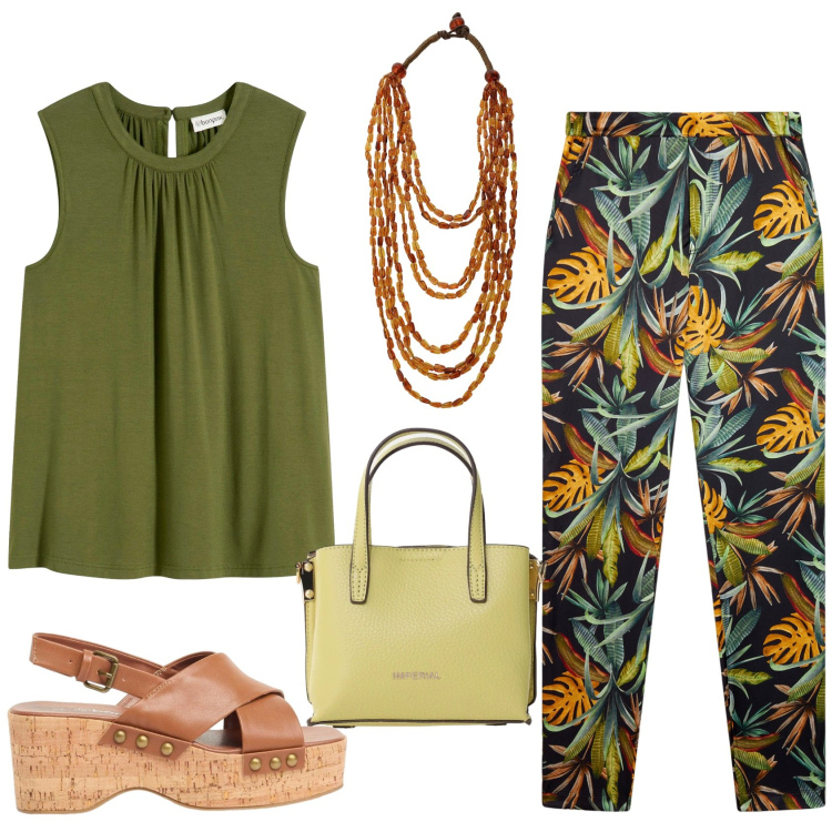 Outfit donna - stampe tropicali per l\'ufficio. Stile Casual chic per Ufficio. Abbinamento con top, zeppe, pantaloni, borse a tracolla, collane.