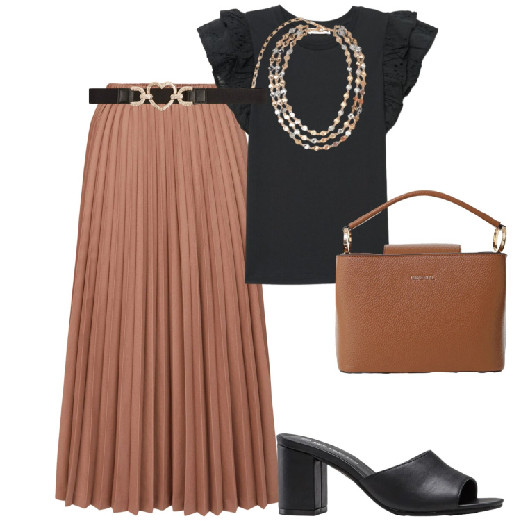 Outfit donna - Giugno. Stile Urban per Tutti i giorni. Abbinamento con sandali col tacco, t-shirt, cinture, borse a secchiello, collane, minigonne.