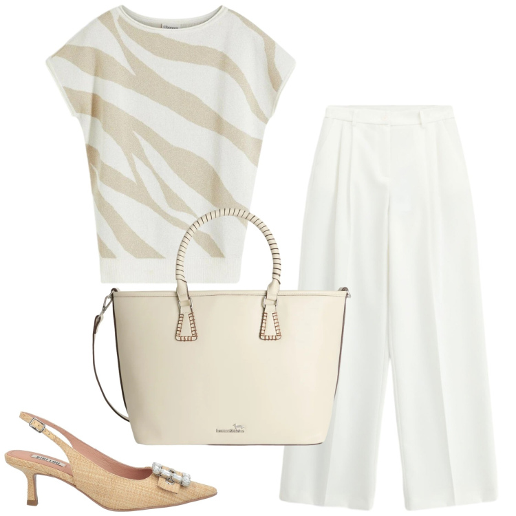 Outfit donna - Fresca e chic. Stile Glamour per Ufficio. Abbinamento con décolleté, t-shirt, shopping bag, pantaloni a palazzo.