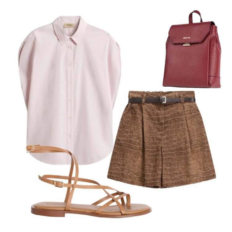 Outfit donna - Fine giugno. Stile Urban per Tutti i giorni. Abbinamento con zaini, bermuda, sandali in pelle, bluse.