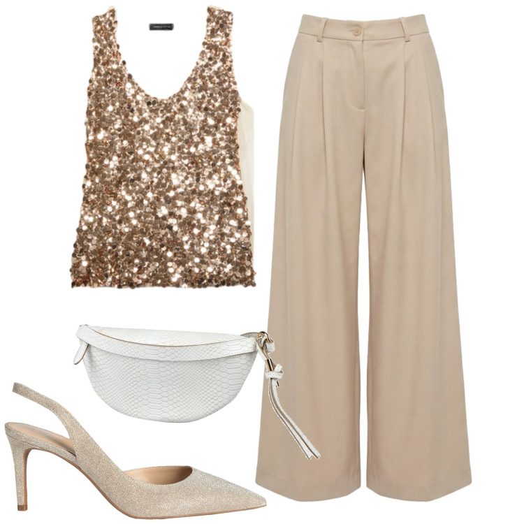 Outfit donna - Luccicosa. Stile Chic per Serata fuori. Abbinamento con décolleté, marsupi, pantaloni, top.