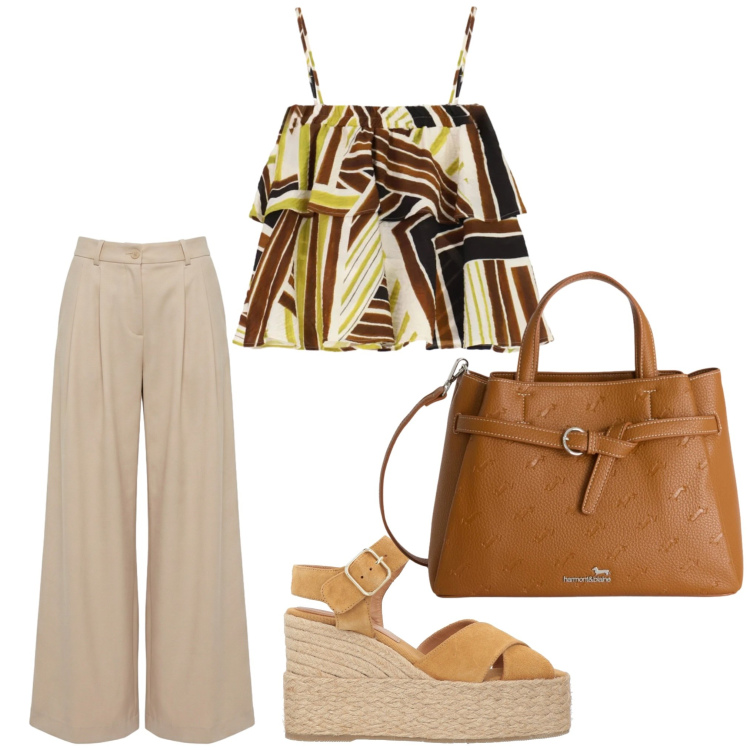 Outfit donna - Professione chic. Stile Chic per Ufficio. Abbinamento con espadrillas, top, pantaloni, borse a mano.