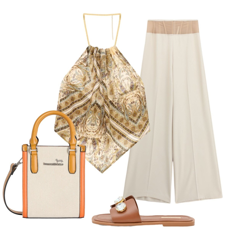 Outfit donna - Il top come un foulard. Stile Glamour per Tutti i giorni. Abbinamento con borse tote, sandali gioiello, pantaloni a palazzo, top.