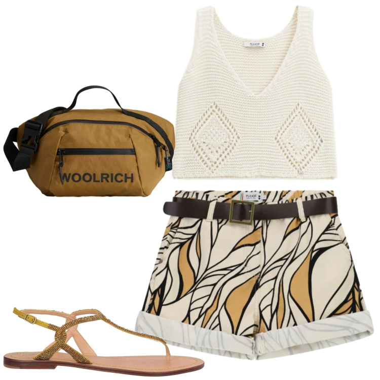 Outfit donna - In vacanza. Stile Casual chic per Tutti i giorni. Abbinamento con infradito, borse a tracolla, shorts, top.