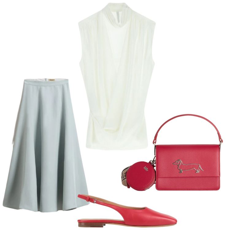 Outfit donna - Rosso bon ton. Stile Bon Ton per Serata fuori. Abbinamento con ballerine, borse a tracolla, gonne lunghe, top.