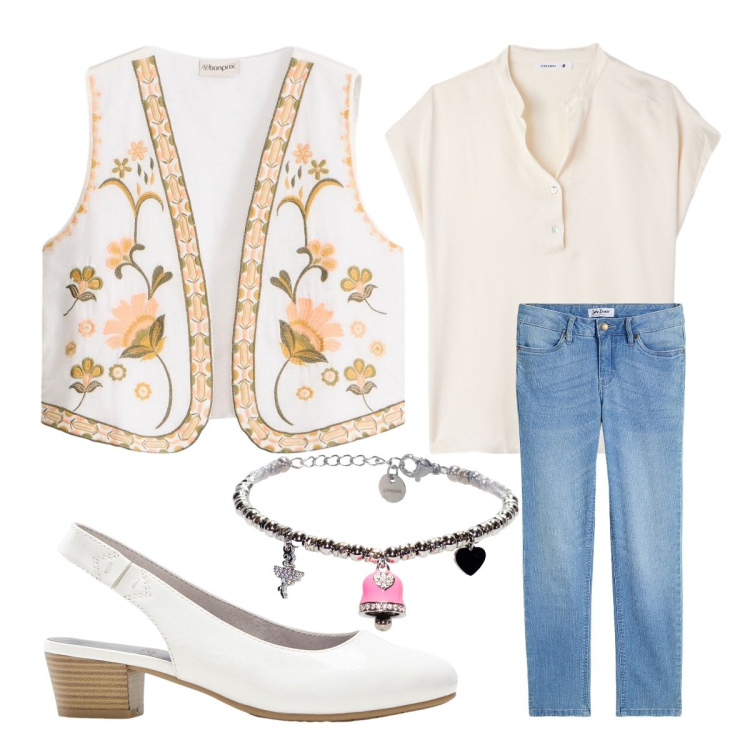Outfit donna - Gilet 70s. Stile 70s per Tutti i giorni. Abbinamento con jeans, décolleté, gilet, canottiere, braccialetti.
