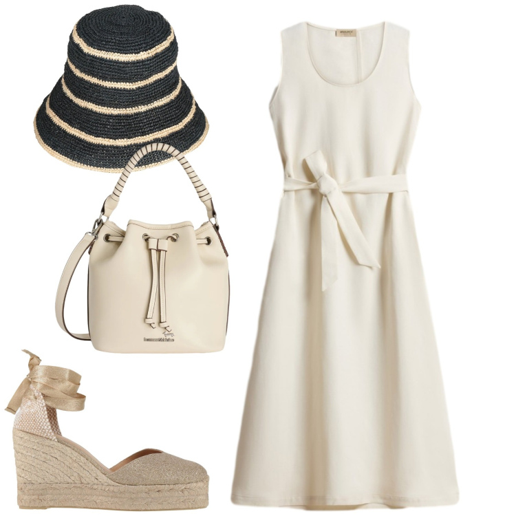 Outfit donna - White. Stile Urban per Tutti i giorni. Abbinamento con espadrillas, cappelli con visiera, borse a secchiello, vestiti midi/longuette.