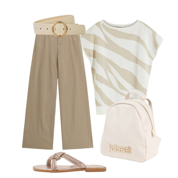Outfit donna - In ufficio. Stile Casual chic per Ufficio. Abbinamento con zaini, t-shirt, cinture, sandali, pantaloni.