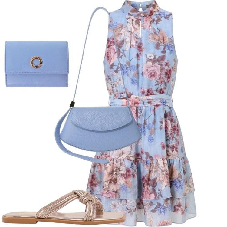 Outfit donna - City. Stile Urban per Tutti i giorni. Abbinamento con vestiti corti, sandali, portafogli, borse a spalla.