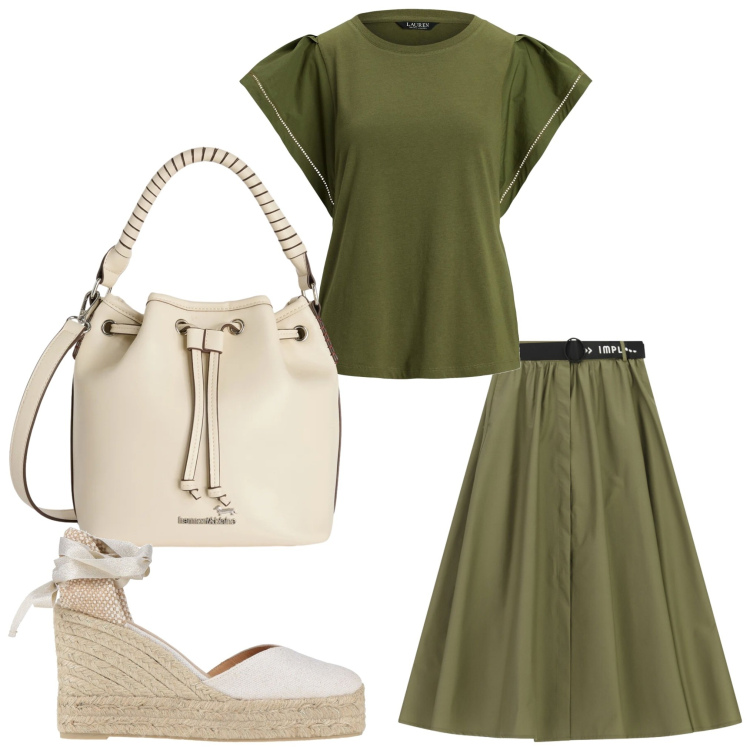Outfit donna - Burro e salvia. Stile Casual chic per Tutti i giorni. Abbinamento con top, espadrillas, borse a secchiello, gonne longuette.