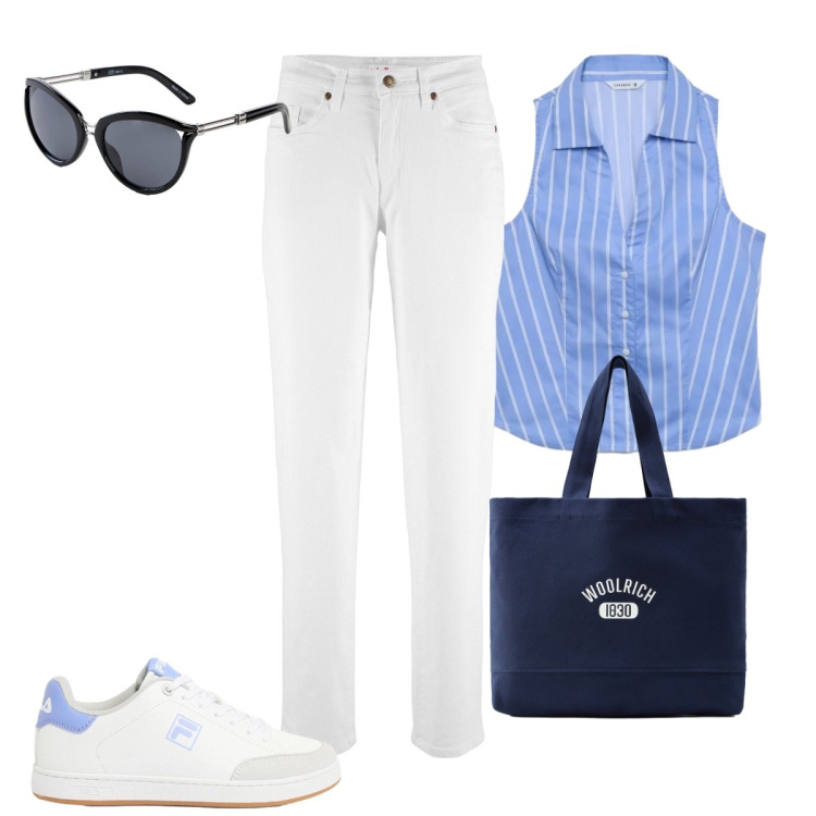 Outfit donna - Vado in ufficio. Stile Casual chic per Ufficio. Abbinamento con sneakers, occhiali da sole, jeans mom, camicie a manica corta, borse tote.