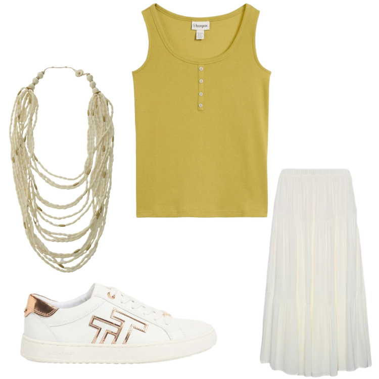 Outfit donna - Sporty chic. Stile Sporty chic per Tutti i giorni. Abbinamento con canottiere, sneakers, gonne lunghe, collane.