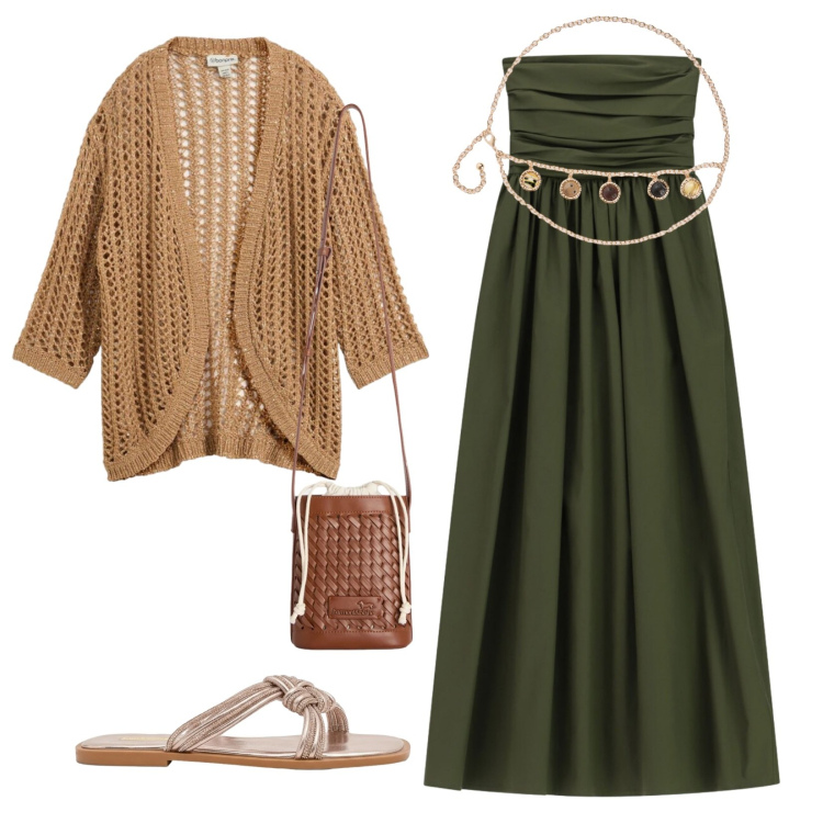 Outfit donna - Nature mood. Stile Boho per Tutti i giorni. Abbinamento con cardigans, cinture, borse a secchiello, vestiti midi/longuette, sandali.