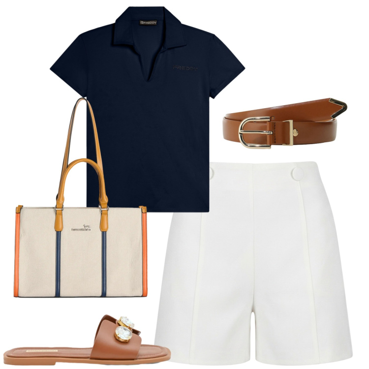 Outfit donna - City. Stile Casual chic per Tutti i giorni. Abbinamento con borse tote, pantaloni corti, sandali gioiello, cinture, t-shirt.