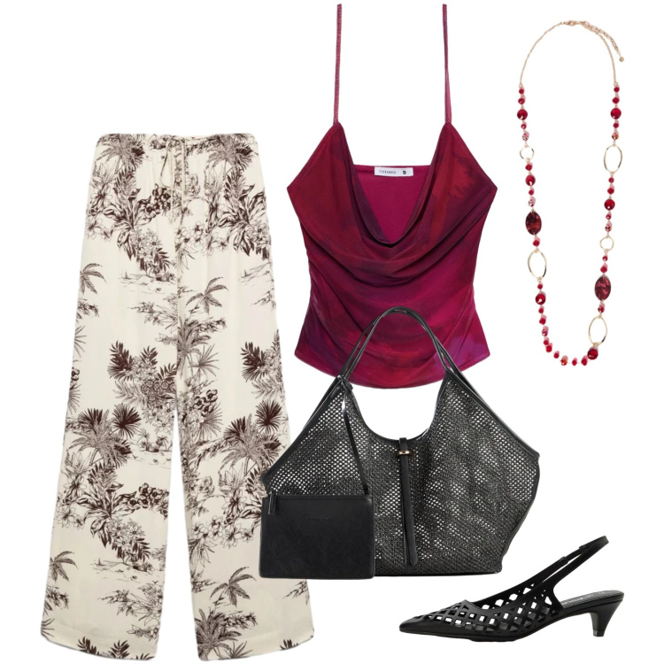 Outfit donna - Calde sere di giugno. Stile Glamour per Serata fuori. Abbinamento con décolleté, shopping bag, top, pantaloni, collane.