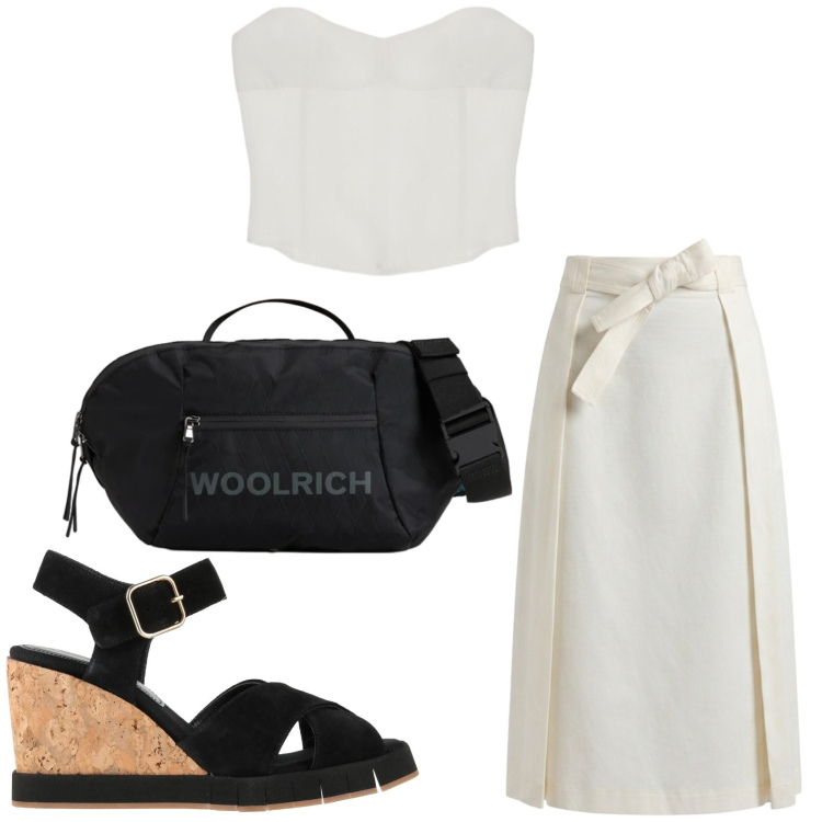 Outfit donna - Eleganza discreta. Stile Chic per Serata fuori. Abbinamento con sandali in pelle, top, gonne longuette, borse a tracolla.