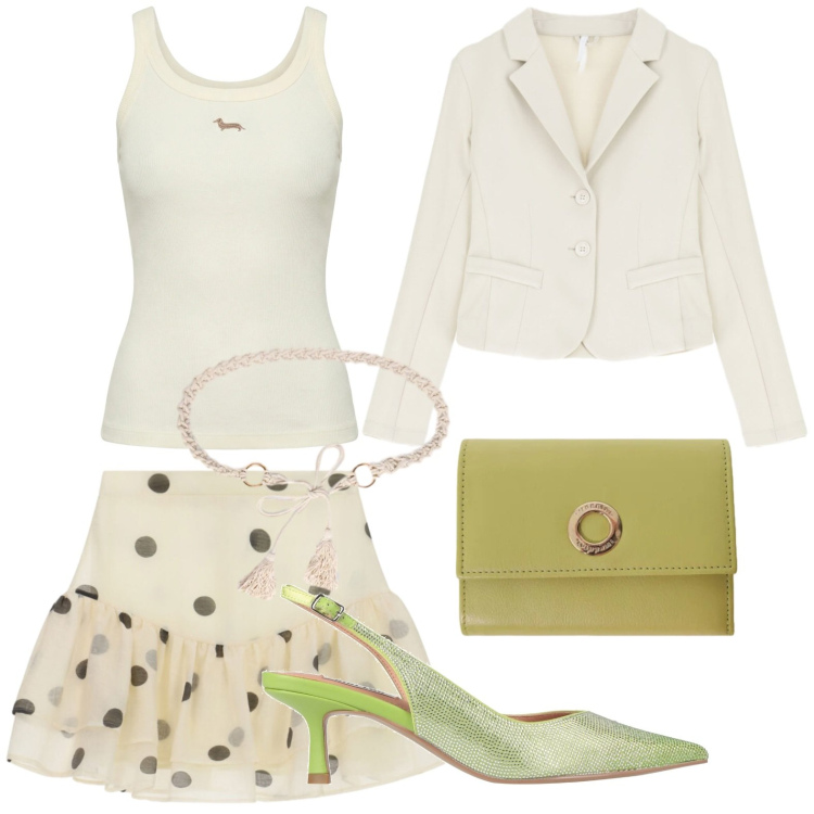 Outfit donna - Accessori vivaci. Stile Casual per Serata fuori. Abbinamento con décolleté, canottiere, cinture, blazer, portafogli, minigonne.