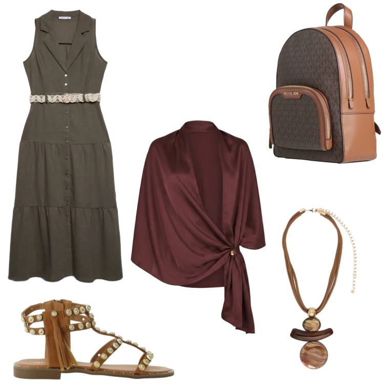 Outfit donna - Gita in città. Stile Romantica per Tutti i giorni. Abbinamento con zaini, vestiti chemisier, stole, sandali, ciondoli.