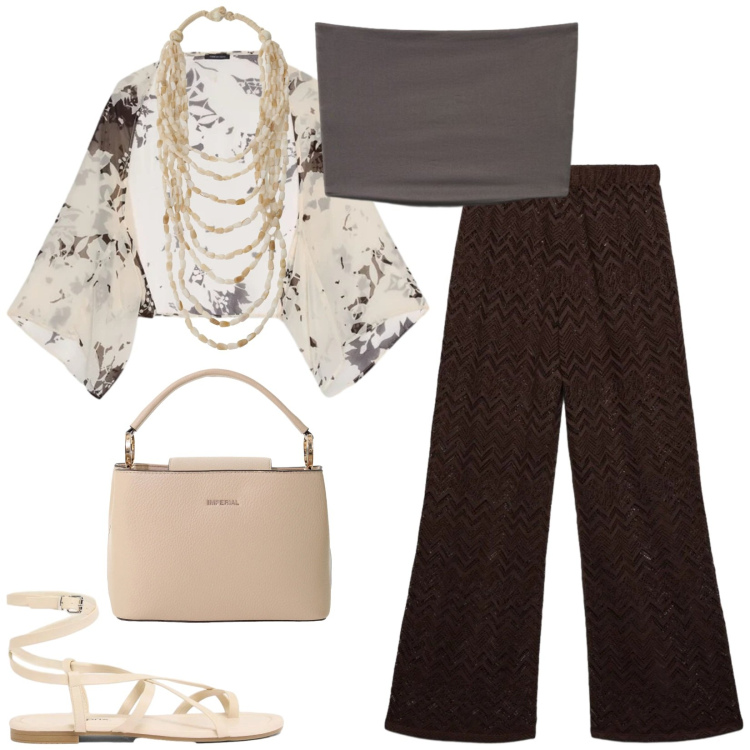 Outfit donna - Total look #2425370. Stile Casual chic per Serata fuori. Abbinamento con sandali, top, pantaloni, bolero, collane, borse a secchiello.
