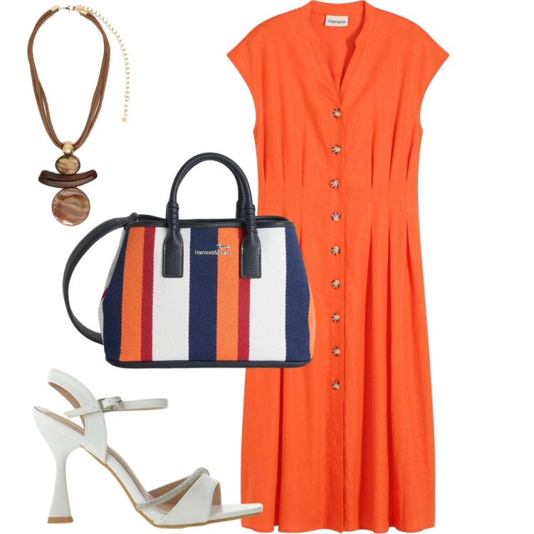 Outfit donna - Summer. Stile Urban per Tutti i giorni. Abbinamento con vestiti midi/longuette, shopping bag, ciondoli, sandali gioiello.