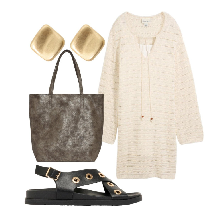 Outfit donna - Giugno. Stile Casual per Mare. Abbinamento con vestiti corti, sandali, shopping bag, orecchini.