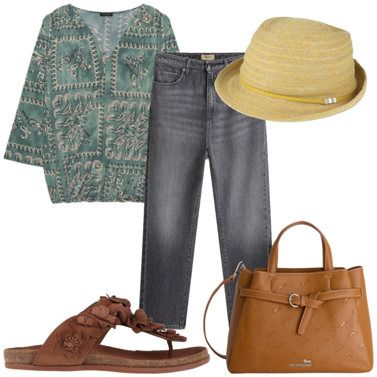 Outfit donna - Total look #2425379. Stile Etnico per Tutti i giorni. Abbinamento con cappelli, infradito, borse a mano, t-shirt, jeans.