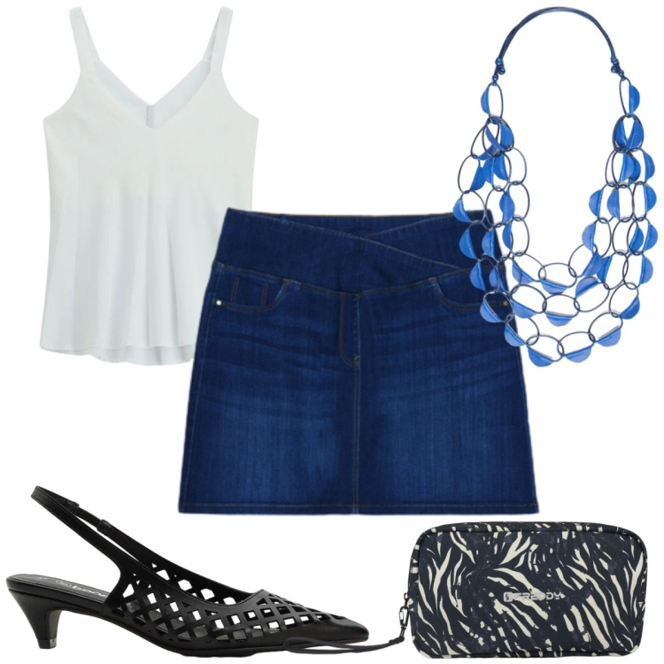 Outfit donna - Total look #2425380. Stile Casual chic per Tutti i giorni. Abbinamento con décolleté, valigie, collane, minigonne, top.