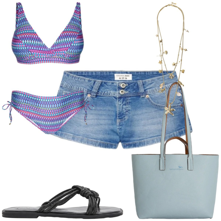 Outfit donna - Total look #2425381. Stile Trendy per Mare. Abbinamento con shopping bag, shorts, bikini, sandali, collane.