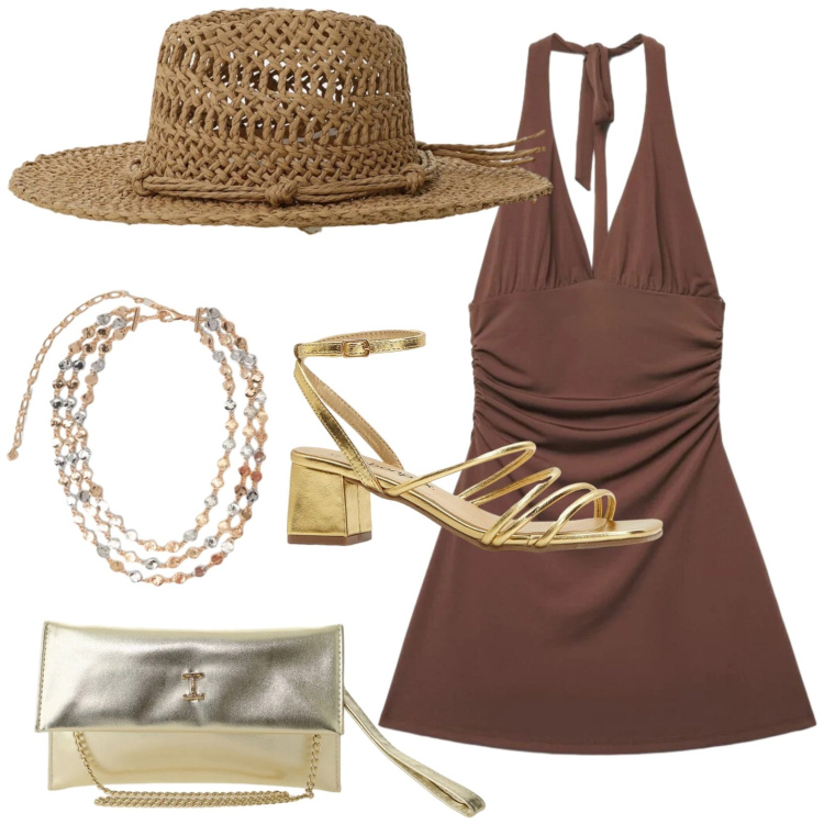 Outfit donna - Moka intenso. Stile Minimal per Tutti i giorni. Abbinamento con sandali col tacco, vestiti corti, collane, borse a tracolla, cappelli.