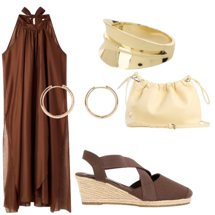 Outfit donna - Tonalità calde. Stile Bon Ton per Serata fuori. Abbinamento con zeppe, orecchini, borse a tracolla, vestiti lunghi, braccialetti.