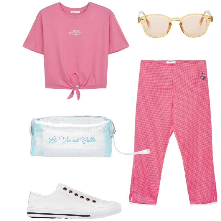 Outfit donna - Total look #2425394. Stile Casual per Tutti i giorni. Abbinamento con sneakers, pantaloni capri, t-shirt, valigie, occhiali da sole.