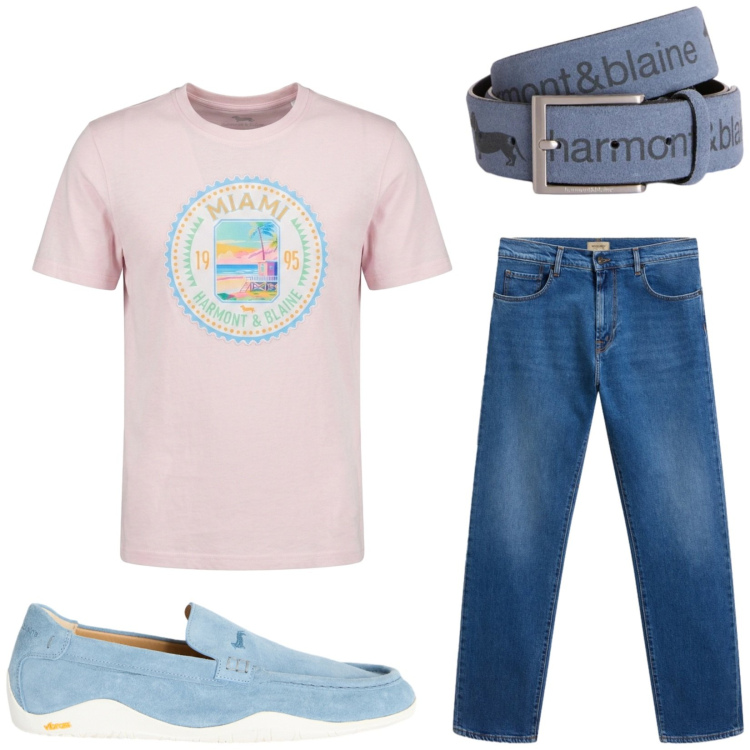 Outfit uomo - Total look #2425398. Stile Casual per Tutti i giorni. Abbinamento con cinture, scarpe stringate, t-shirt, jeans.